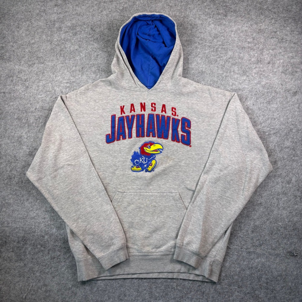 J America Kansas Jayhawks Hoodie Gray Blue Embroidered Pullover XL